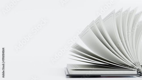 book is open with its pages fanned out. pages have no text or images. book rests on a flat surface, providing a clear view of the blank pages ready for use. 3d render