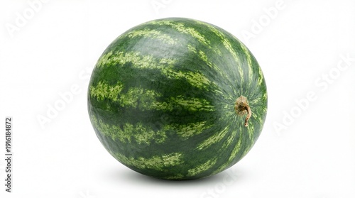 Whole watermelon with green stripes in bright studio lighting on a white background for healthy eating.