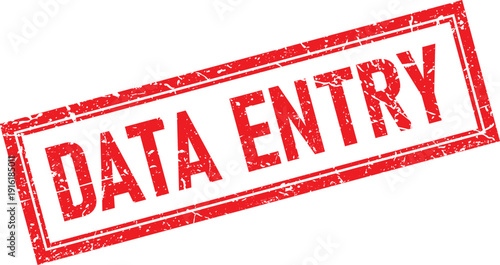 Red Distressed Rubber Stamp with Data Entry Text and Rectangular Border Isolated