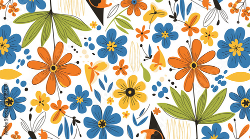 Vibrant floral pattern with orange blue and yellow flowers on white background