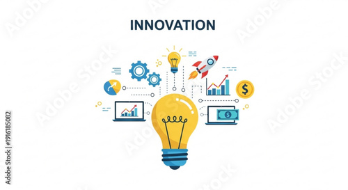 A vector graphic illustration of a lightbulb with innovative ideas and symbols surrounding it