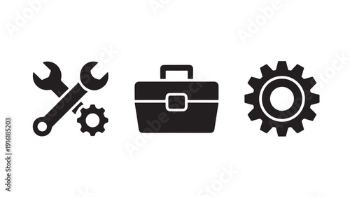 Toolbox and gears icons in simple flat design with dark color scheme for web development