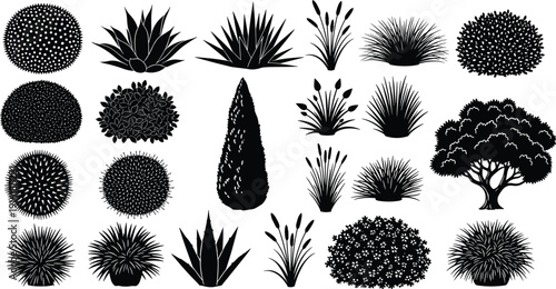 Ornamental garden plants and shrubs silhouettes, flat vector illustration, botanical foliage set, decorative topiary elements, isolated nature clipart