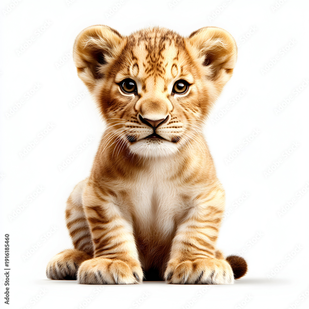 Fototapeta premium Cute lion cub sitting and looking at camera isolated on white background