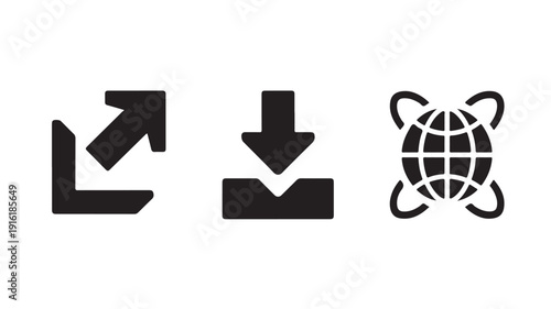 Black upload and download icons with globe symbol in simple flat design for web interface