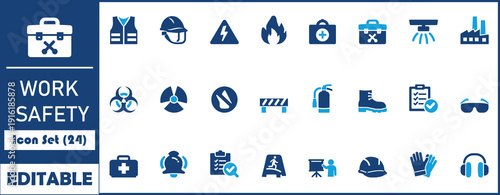 Work safety icon collection. Including hard hat, risk prevention, medical kit, ear defenders, workplace protection, CCTV system, regulations, safety training and more. Solid vector icon set.