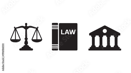 Justice Symbols in Minimalist Style with Black Silhouette and White Background for Legal Services
