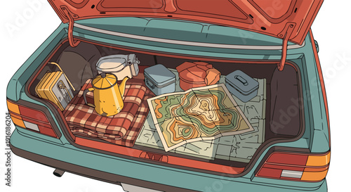 Open car trunk packed with camping gear, map, and blankets for a road trip adventure.