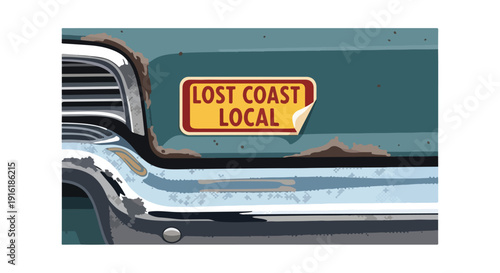 Close-up of a vintage car with a 'Lost Coast Local' sticker, showing rust and chrome details.