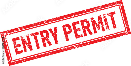 Red Entry Permit Text Distressed Rectangular Rubber Stamp Impression on White