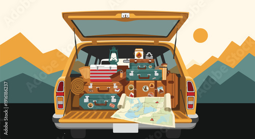 Vintage station wagon packed with suitcases and camping gear for a road trip adventure in the mountains.