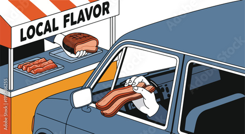 Customer in car buying grilled meat from a food stall with 'Local Flavor' sign, convenient drive-thru service.