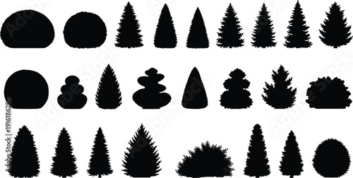 Topiary bush and conifer silhouettes set, flat vector illustration, ornamental garden shrubs, botanical landscape plants, isolated nature clipart