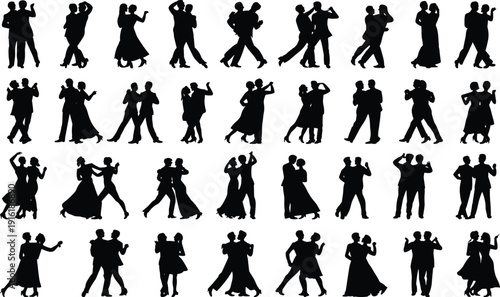 Collection of thirty black silhouettes of ballroom dancing couples in elegant poses, arranged in grid format, ideal for dance artwork, design, and illustration projects