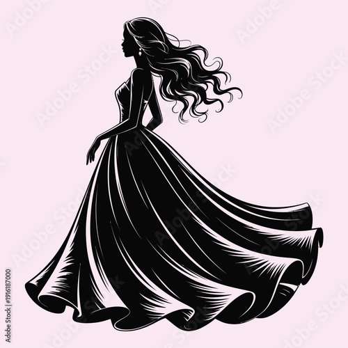 Elegant Woman Silhouette in Flowing Ballgown - Minimalist Fashion Vector Art on Soft Pink