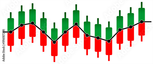 Financial candlestick chart with moving average line. Abstract vector illustration of stock market trading and analysis.