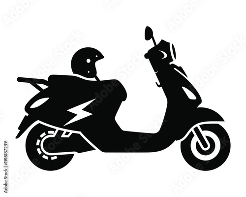 Black silhouette of a person riding a scooter with a lightning bolt design