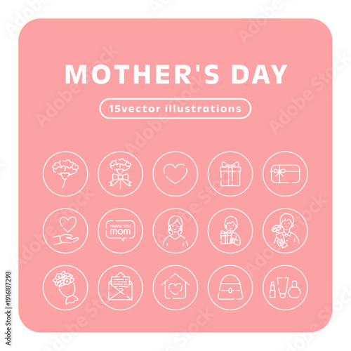 母の日の円形線画アイコンセット｜カーネーションと感謝のベクターイラスト