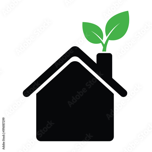 Eco friendly home with green leaves emerging from chimney