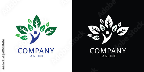 Abstract emblem design depicting a person embraced by stylized leaves a conceptual representation suitable for branding and business applications