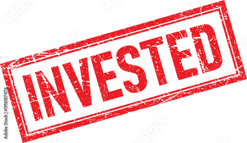 Red Distressed Rectangular Rubber Stamp with INVESTED Text Isolated on White