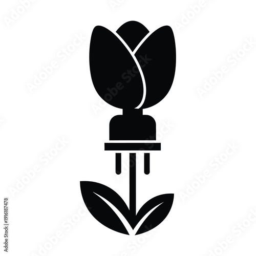 Black and white tulip shaped electrical plug icon on a plain background