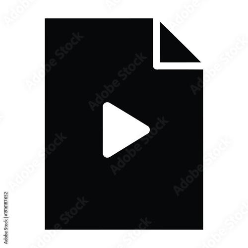 A black and white play button icon on a document or page