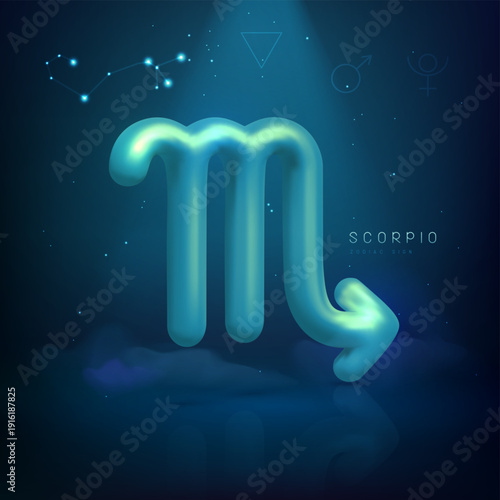 3d metallic magic astrology Scorpio zodiac sign and constellation on space background. Vector illustration