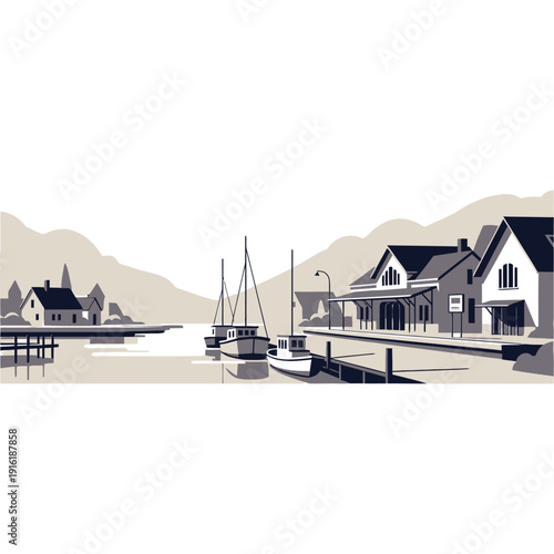 Illustration of Boats and Buildings by Water.