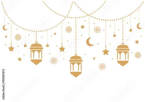 Ramadan Kareem Arabic traditional eastern Lantern Greeting Background with 
Crescent Moon and Hanging Stars vector illustration set, Islamic oriental style garland