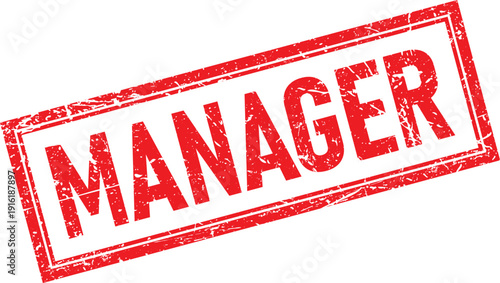 Red Rectangular Distressed Rubber Stamp with the Word MANAGER on White Background