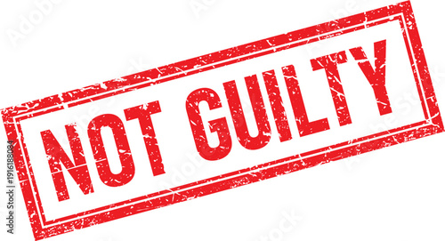 Red Rectangular Distressed Rubber Stamp Impression NOT GUILTY on White Isolated Background
