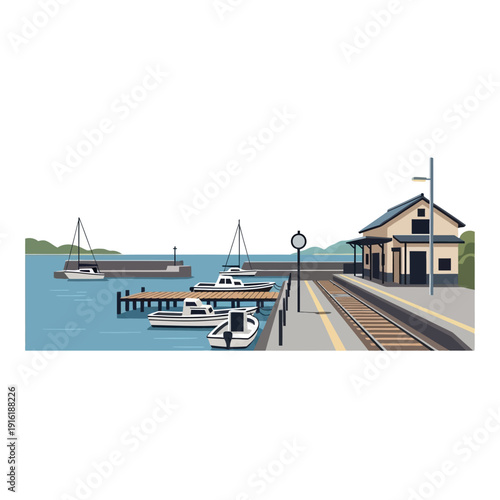 Seaside Train Station with Boats Docked.