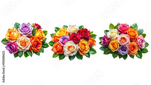 Beautiful bouquet of mixed color roses in orange, red, pink, white, yellow and blue 