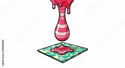 Playful cartoon illustration of a striped pink liquid, resembling sweet syrup or paint, dripping from an abstract funnel onto a decorative patterned square.