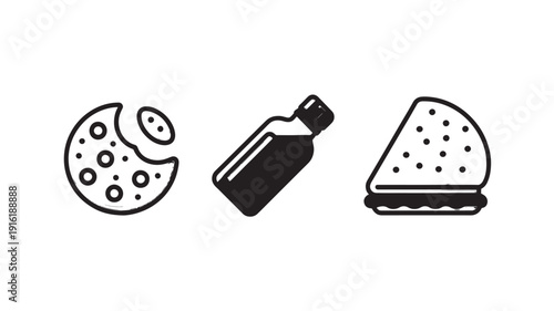Pizza, beer, and nachos illustration in simple line art style with black color on white background for food and beverage advertising