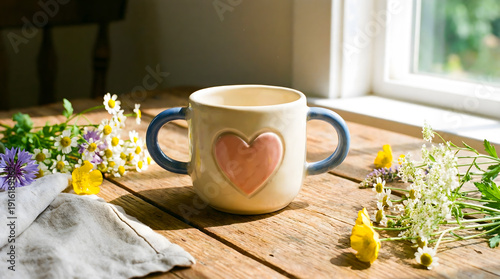 cup with heart in center and two cup handles on each side on calm home background with flowers on the sides