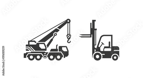 Construction crane and forklift industrial vehicles.