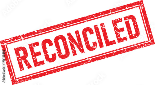Red Distressed Rubber Stamp Impression of the Word RECONCILED in a Rectangle