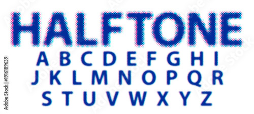 Halftone dotted font, color separation for printing, analog color shift effect. ABC vector illustration.