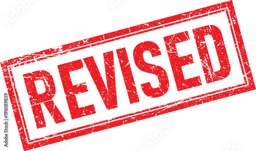 Red Distressed Square Rubber Stamp Impression with REVISED Text, Isolated