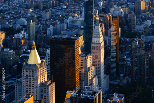 Golden Hour Aerial View of Metropolitan Life Tower and New York Life Building in Manhattan