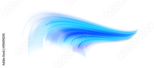 Blue light waves twist like ribbons in space. Tiny glowing particles scatter along the paths. The artwork conveys speed and flow. PNG