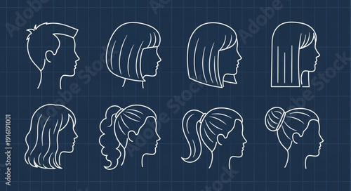 Collection of diverse human head profile outlines in white on dark blue.