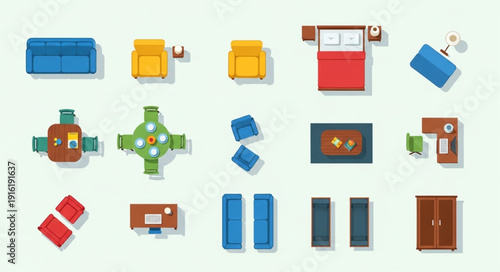 Collection of modern furniture icons in a top down view.