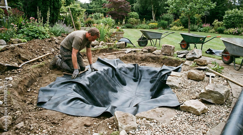 Man installing black pond liner in a garden during outdoor landscaping project surrounded by greenery and construction tools