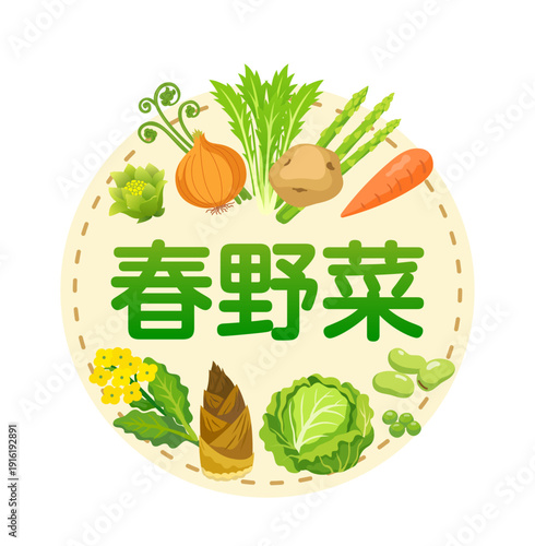 春野菜の円形ベクターロゴイラスト｜たけのこ・菜の花・アスパラ入り春の食材デザイン（Spring Vegetables Round Label Vector Illustration）