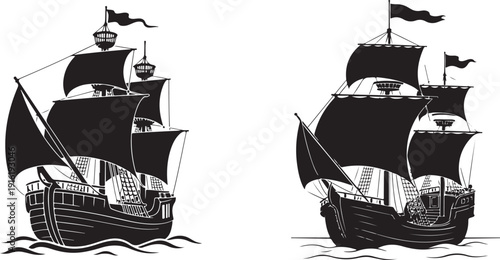 Two Black and White Pirate Ships Sailing on Wavy Water