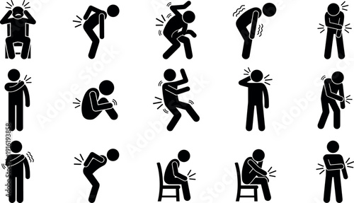 Diverse Set Of Black Stick Figure Icons Representing Various Body Pain Symptoms Including Backache Headache Knee Pain Shoulder Injury And Physical Aches Isolated On White