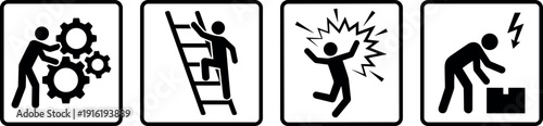 Industrial safety and workplace hazard icon set with stick figure falling from ladder and stairs, electric shock, machinery accident, and construction warning signs collection